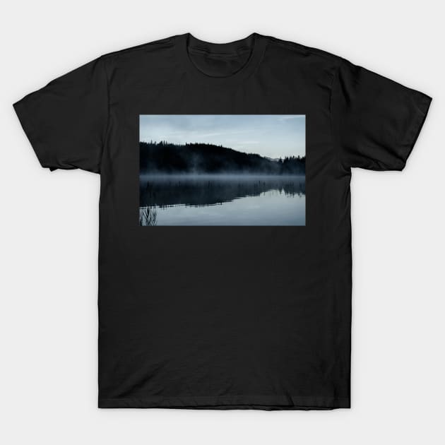 Misty Lake Silhouette. Amazing shot of the Ferchensee lake in Bavaria, Germany. Scenic foggy morning scenery at sunrise. T-Shirt by EviRadauscher